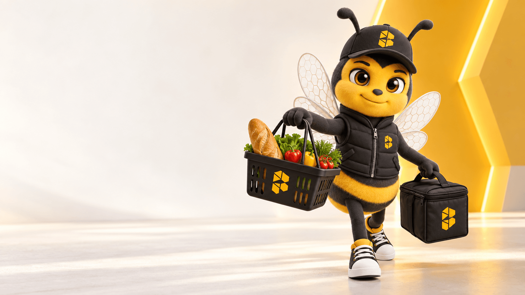 Mascote BeeGo conectando pedidos de restaurante, mercado e farmácia
