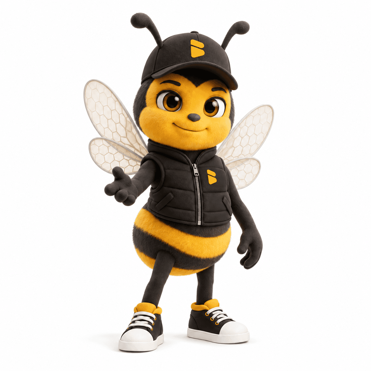 Bibi, mascote oficial BeeGo, usando boné e colete pretos