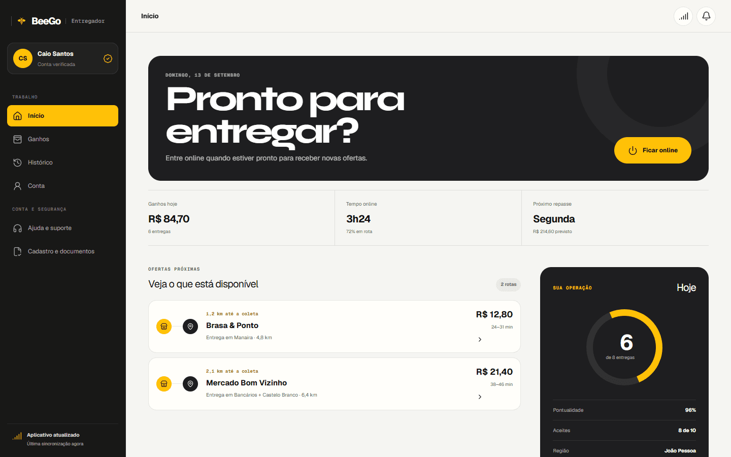 Aplicativo BeeGo Entregador mostrando disponibilidade, oferta e ganhos